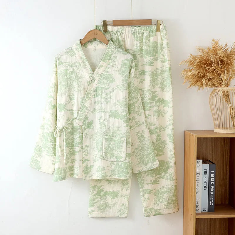 Ladies pure cotton gauze long sleeve trousers suit set in frosted pine trees colour