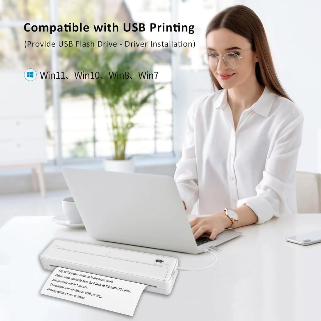 Portable A4 Bluetooth wireless printer in black or white casing
