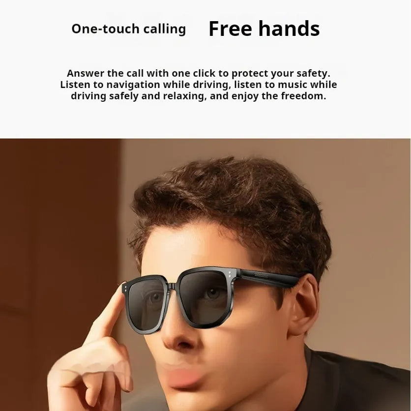 Black AI smart glasses with Bluetooth audio and sunglass lenses featuring touch control operation