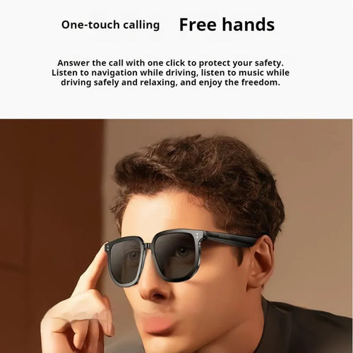 Black AI smart glasses with Bluetooth audio and sunglass lenses featuring touch control operation