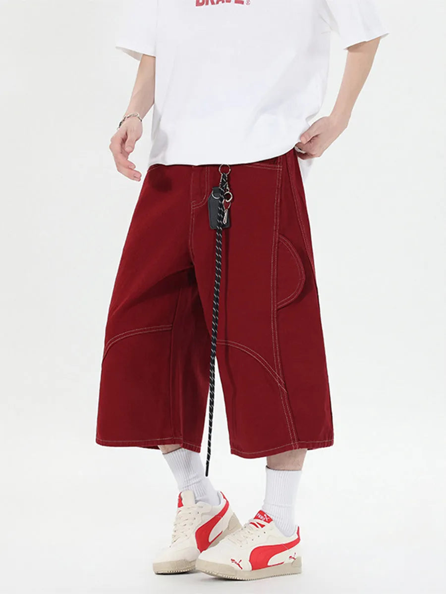 Retro denim workwear shorts with multiple pockets and wide leg trousers styling in black or red