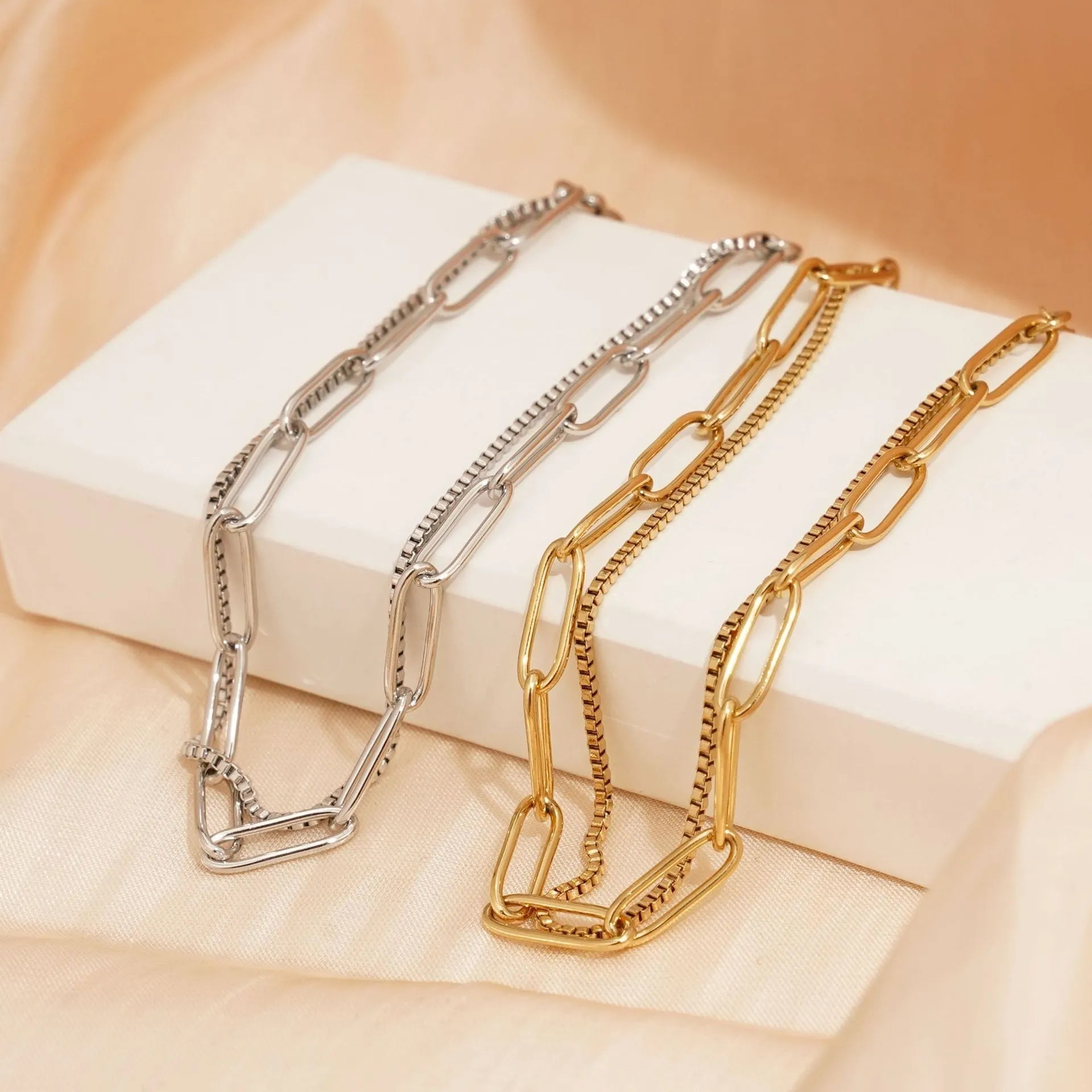 Women's double layer twin titanium steel bracelet with geometric line design in gold or silver