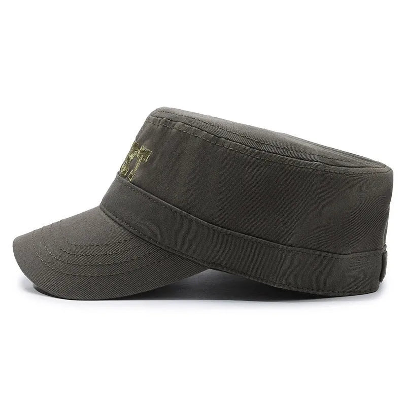 Men's adjustable cotton peaked cap in army green with dome crown and English letter detail