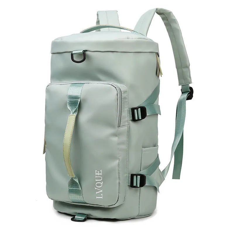 Waterproof nylon gym backpack with combination lock showing shoe compartment and multiple pockets