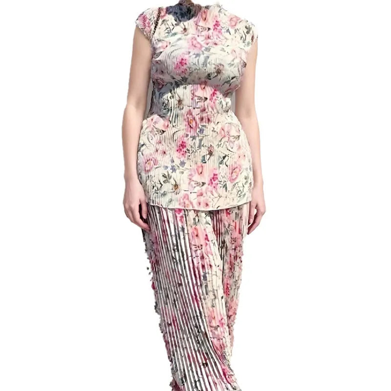 Two-piece printed chiffon dress set with long sleeves and high waist design showing separate skirt and top