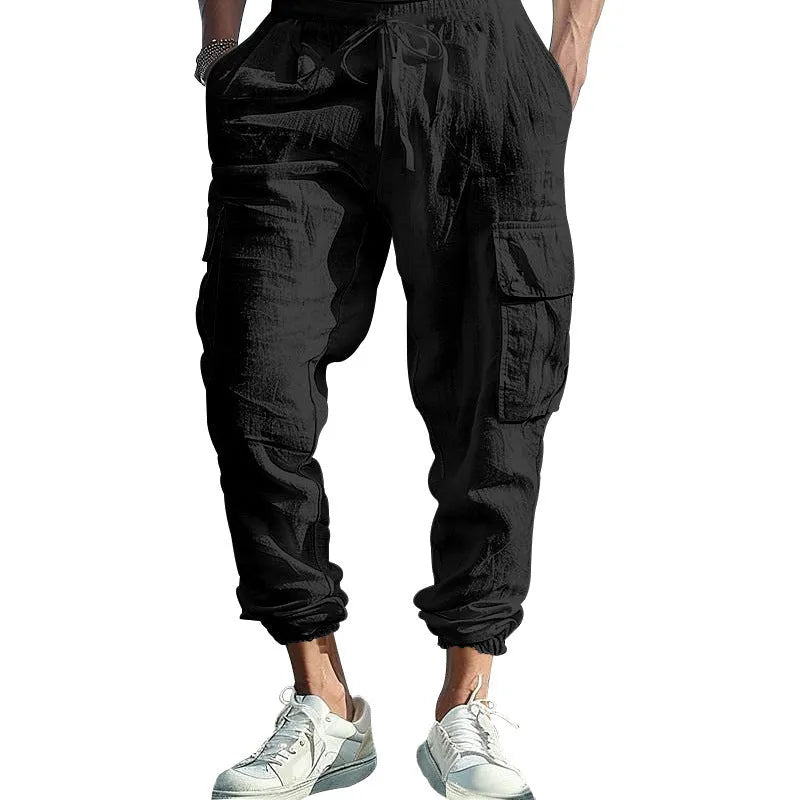 Men's ankle-tied linen casual trousers with multi-pocket tether in loose fit