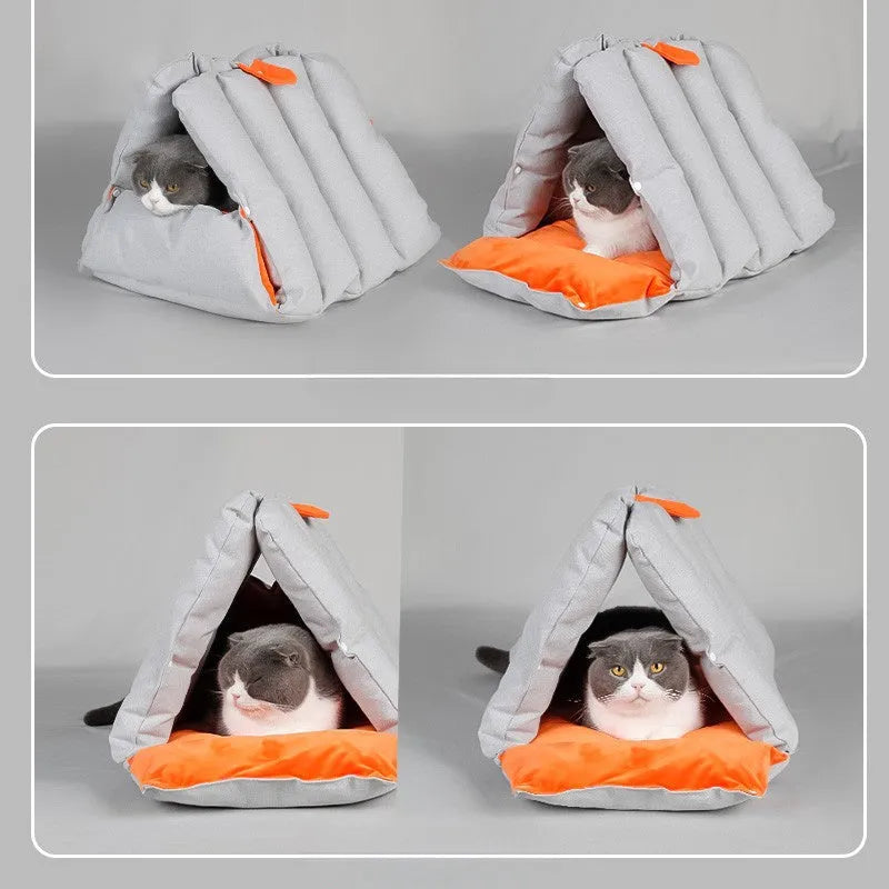 Blue triangular cat bed with drilled holes on the sides for combination, showing removable cotton cover.