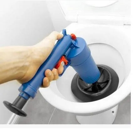 Plastic manual air pressure drain blaster gun with four different sized rubber adaptors for unblocking pipes.