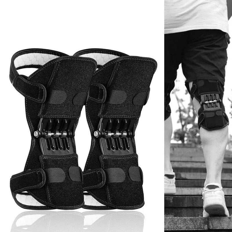 Adjustable spring knee brace support for patella, shown in black colour.