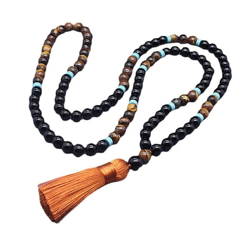 Black agate and tigereye bead bracelet and necklace set with tiger shape stone.