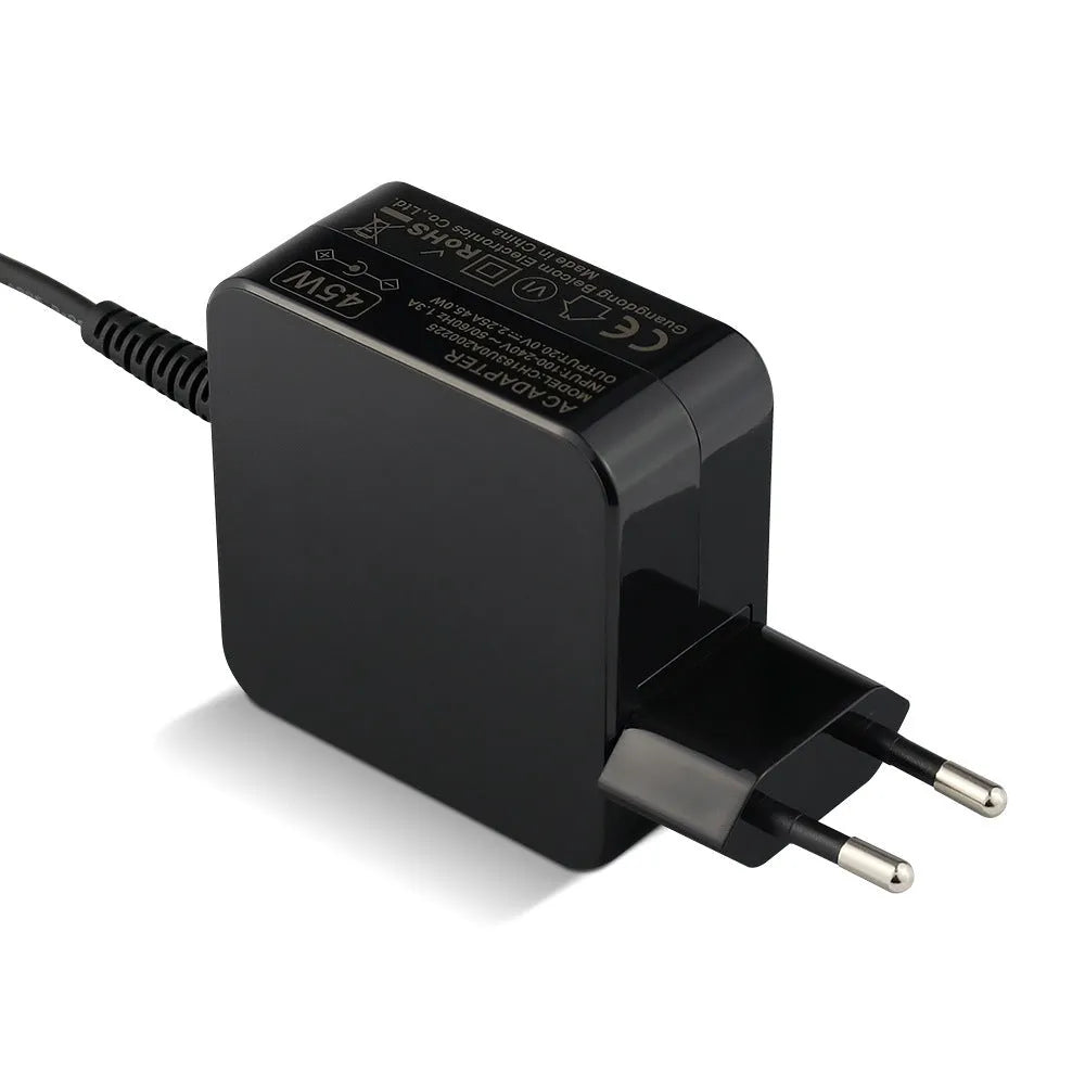 Black 45W laptop adapter with American DC connector showing compact dimensions
