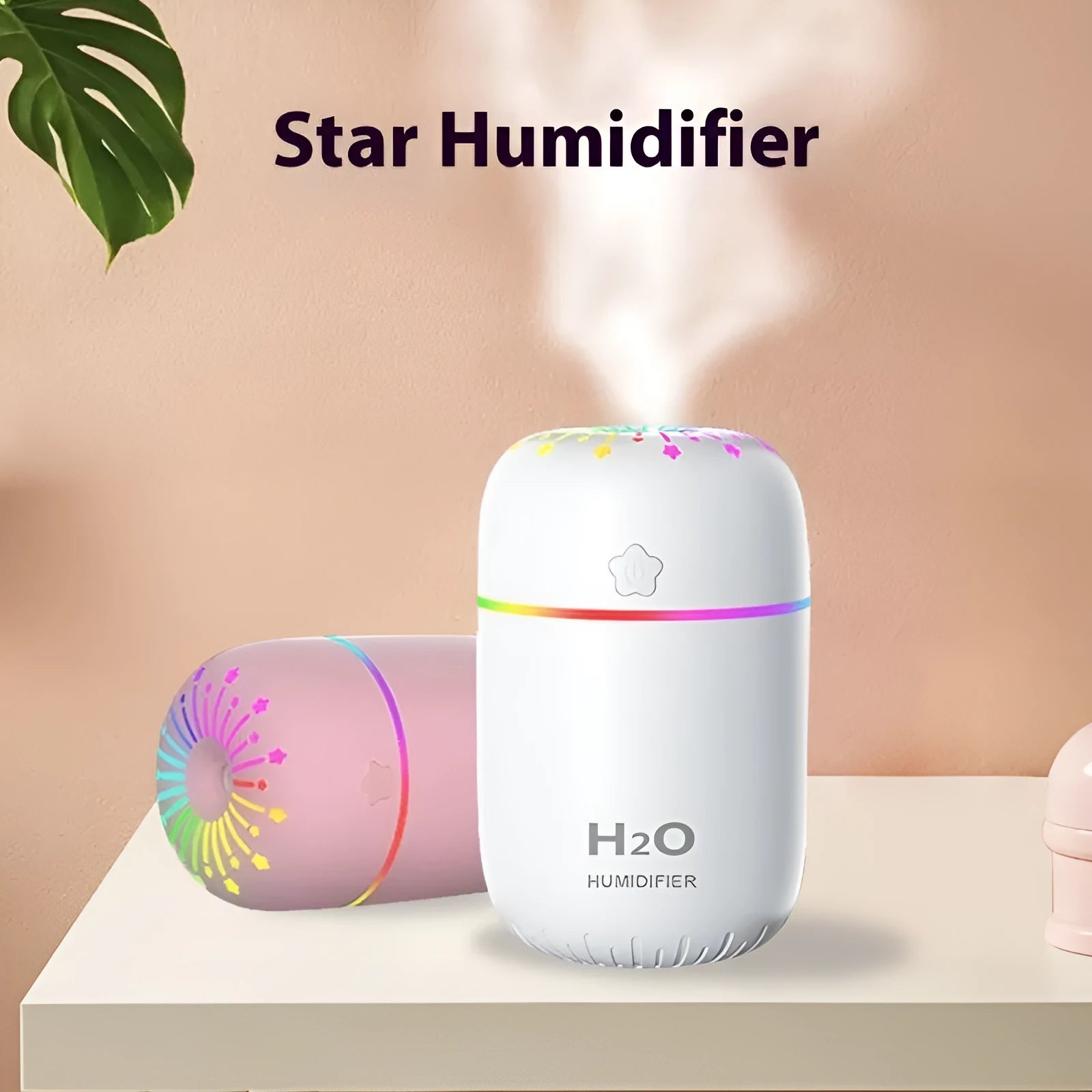 White pink or green mini USB humidifier with 300ml tank measuring 75x75x116mm