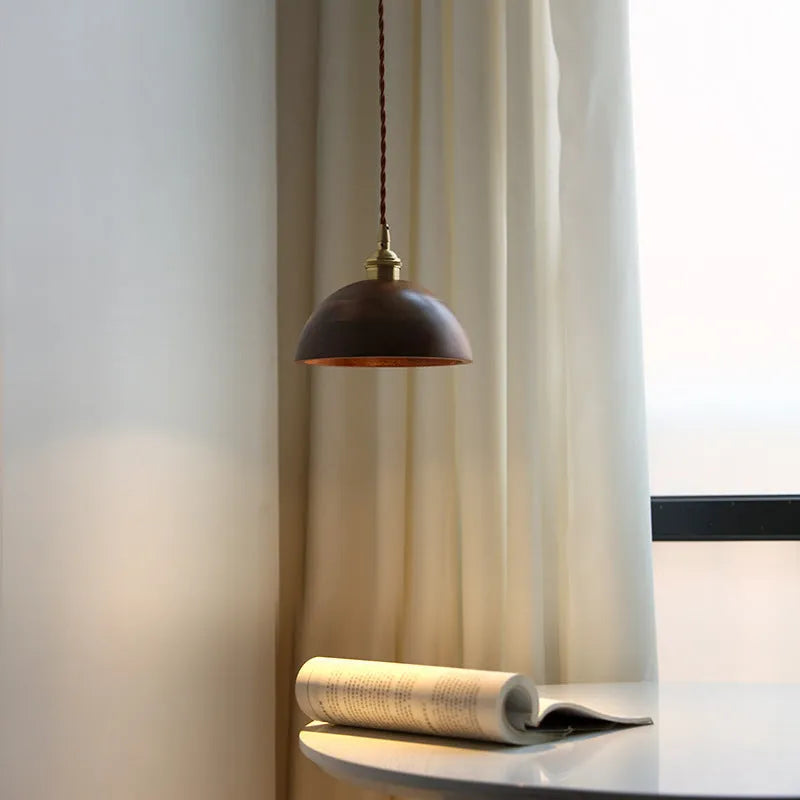 Single-head black walnut wood and copper metal droplight chandelier with an E27 lamp holder.
