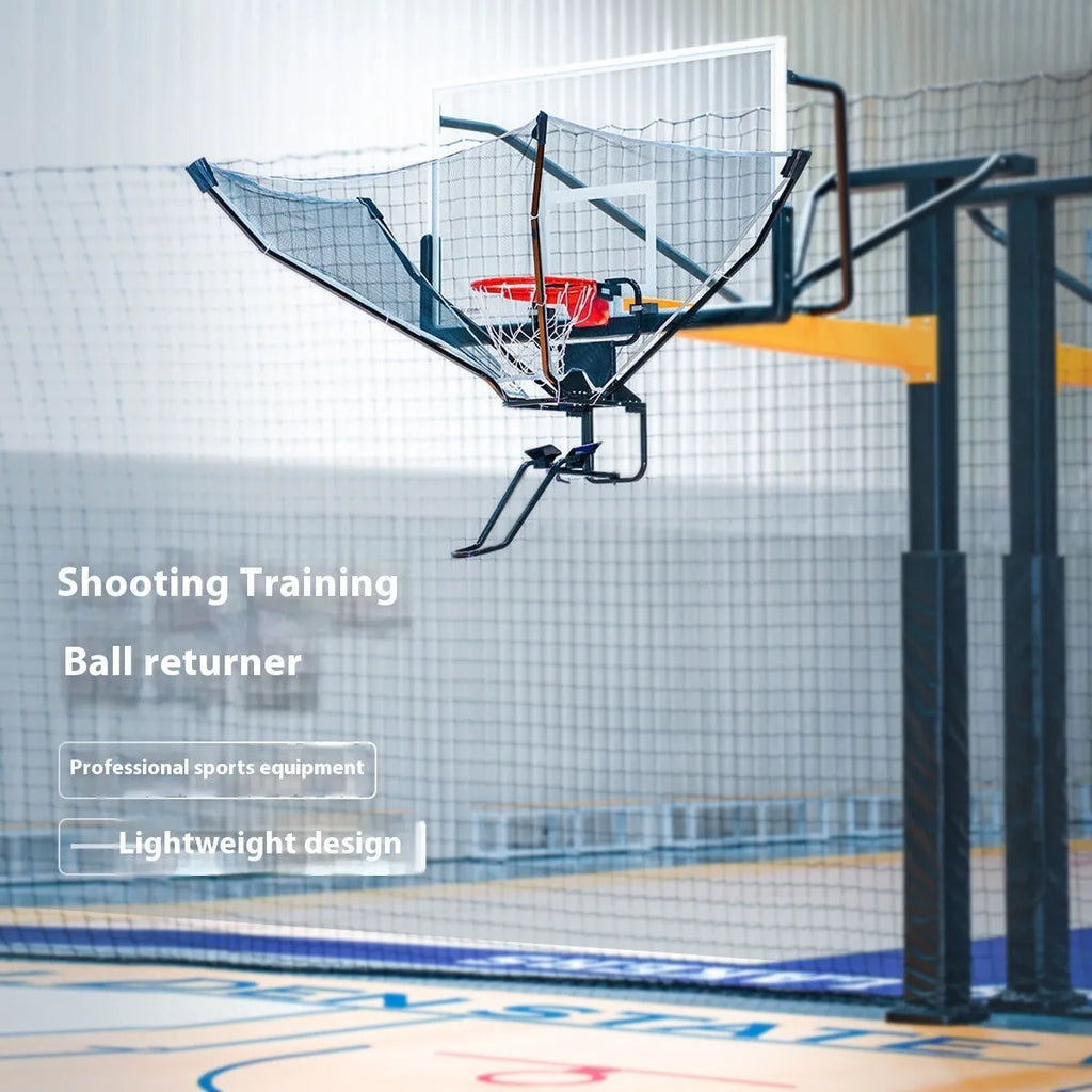 Basketball training ball return automatic serve device with cowhide leather and iron construction hanging from hoop