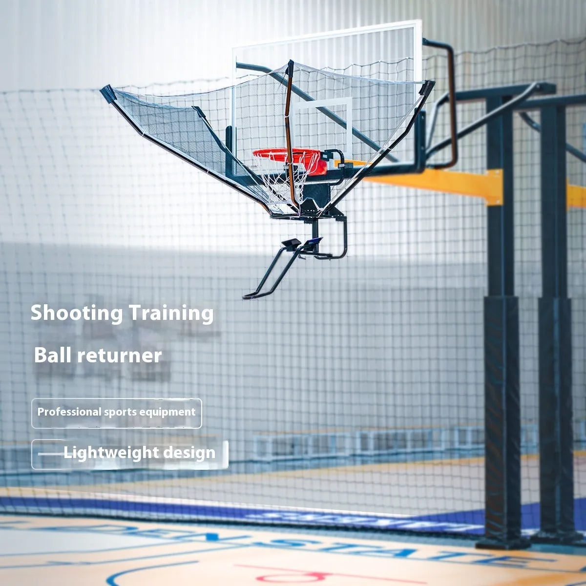 Basketball training ball return automatic serve device with cowhide leather and iron construction hanging from hoop