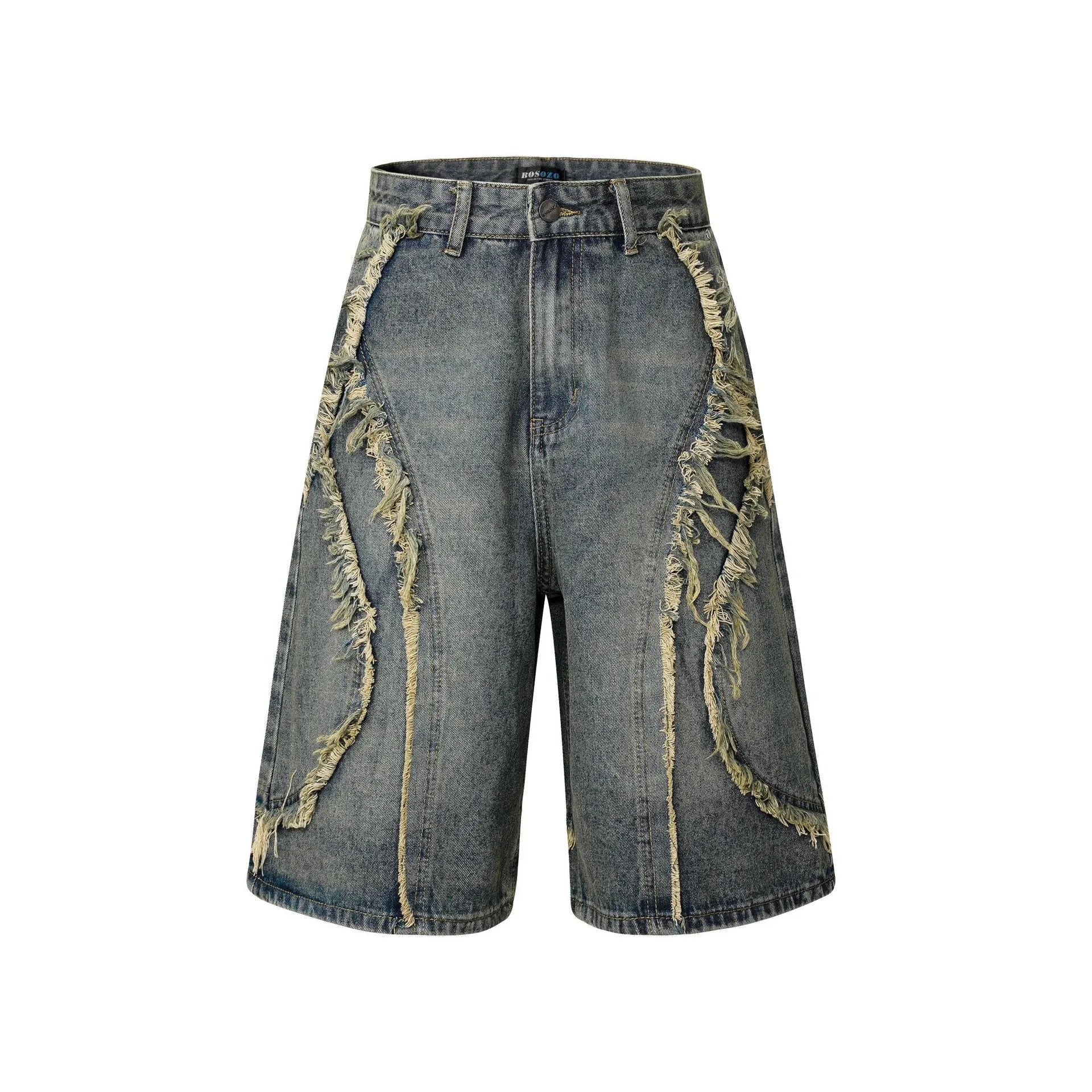 Distressed blue denim shorts with raw edge hem on a plain background, showing straight leg cropped fit.