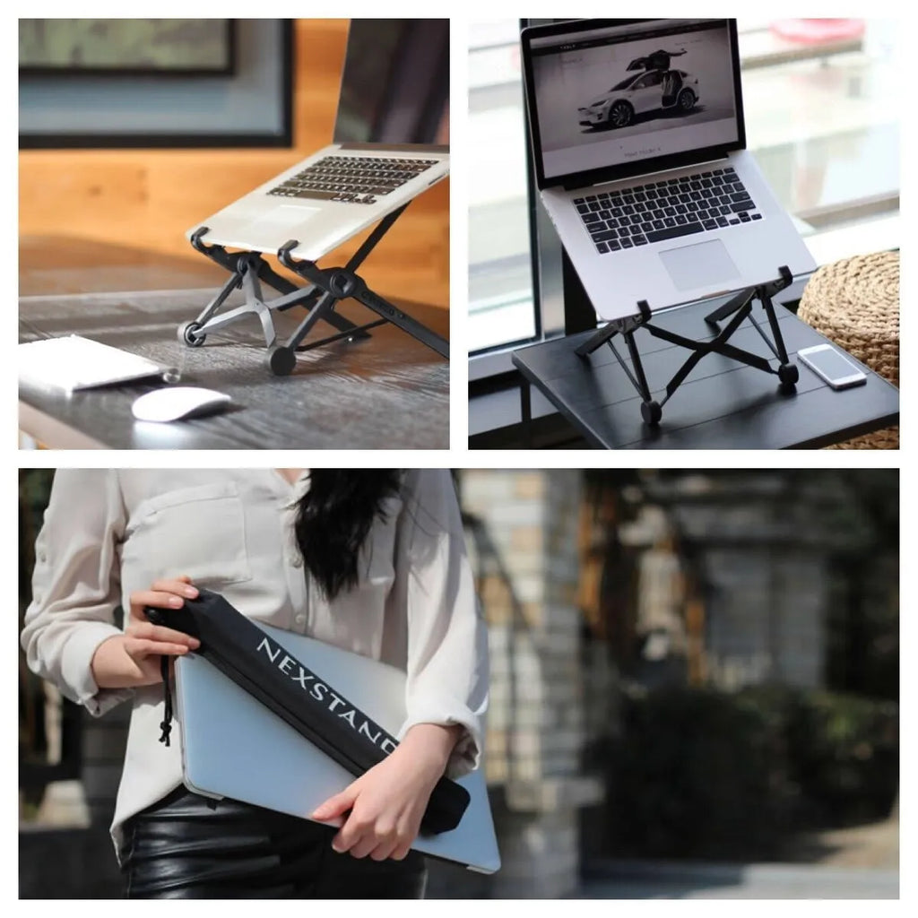 Sagacious black folding laptop stand with carrying case showing 40cm width