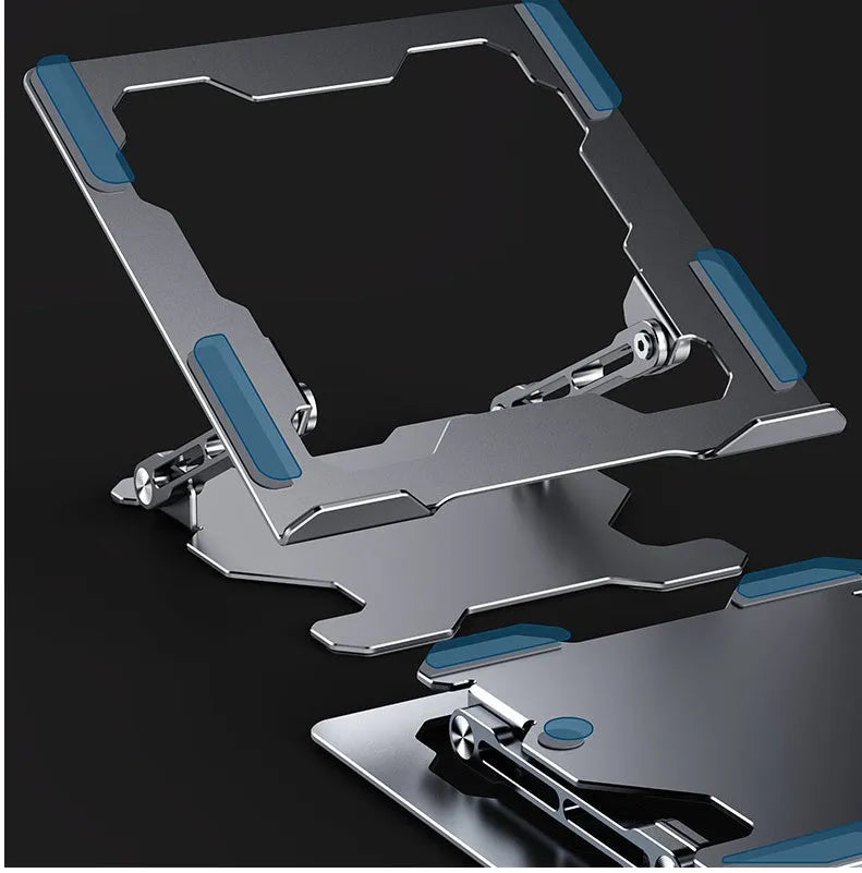 Grey aluminium adjustable laptop stand with folding design for portable use