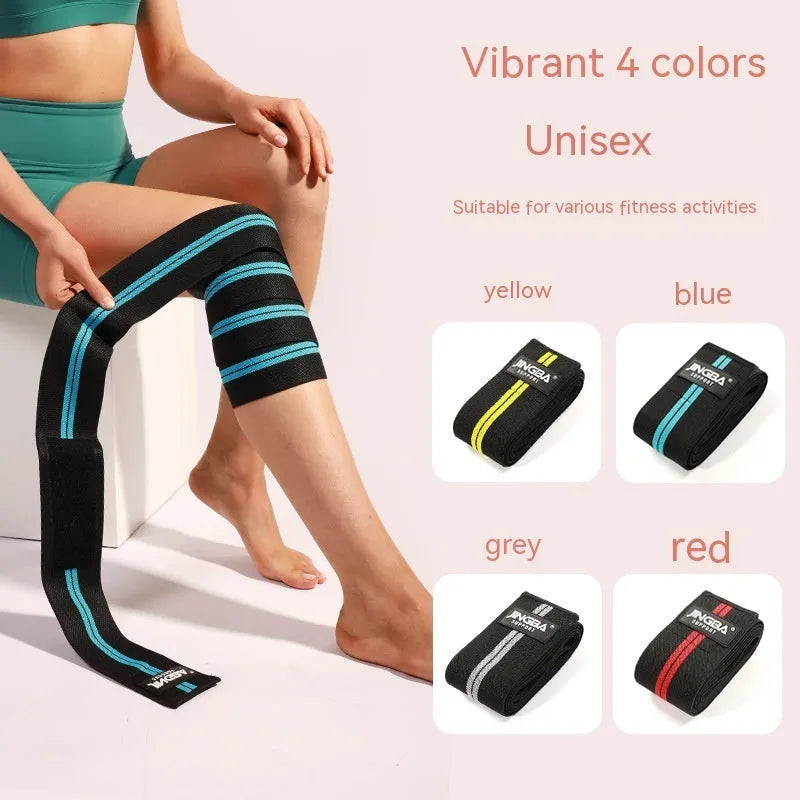 Adjustable sports knee pads in blue, grey, red, and yellow colours for weightlifting and cycling protection