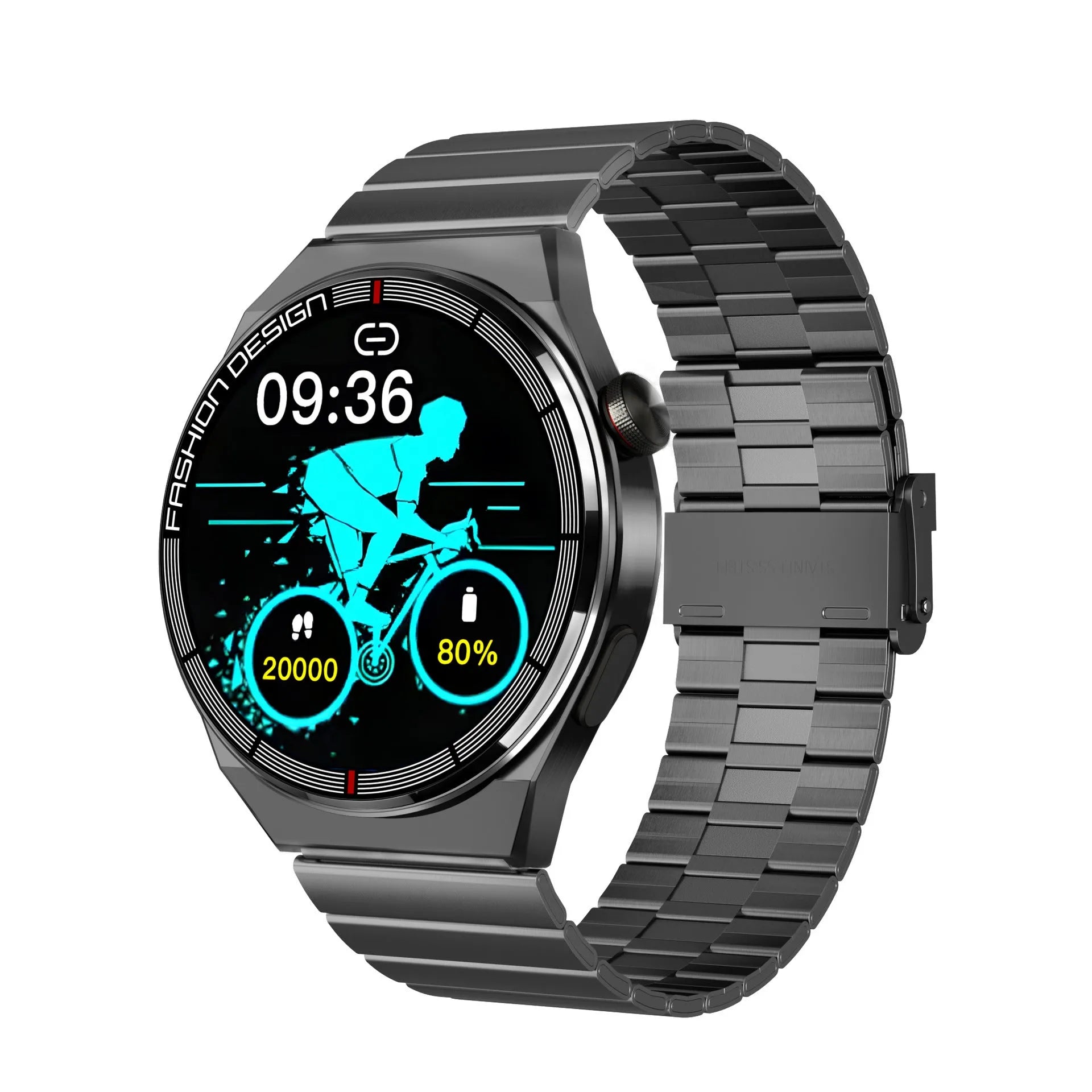 Black smartwatch with 46mm case on silicone strap showing heart rate monitoring display