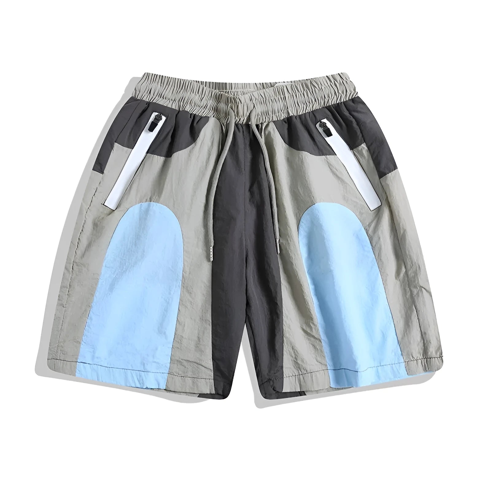 Blue patchwork men's sports shorts with loose straight-leg cut and elastic waist