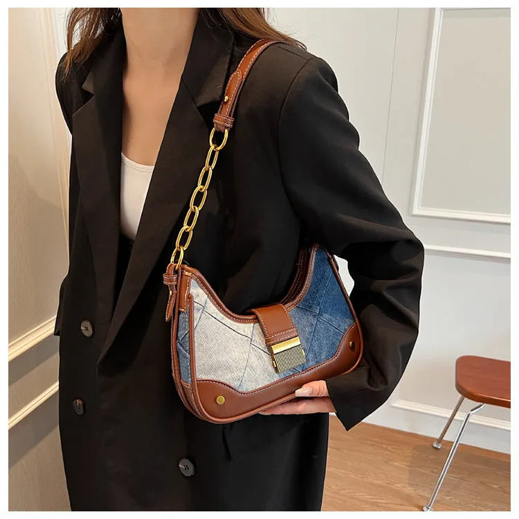 Brown denim women's shoulder bag with diamond mesh chain design and internal phone compartment
