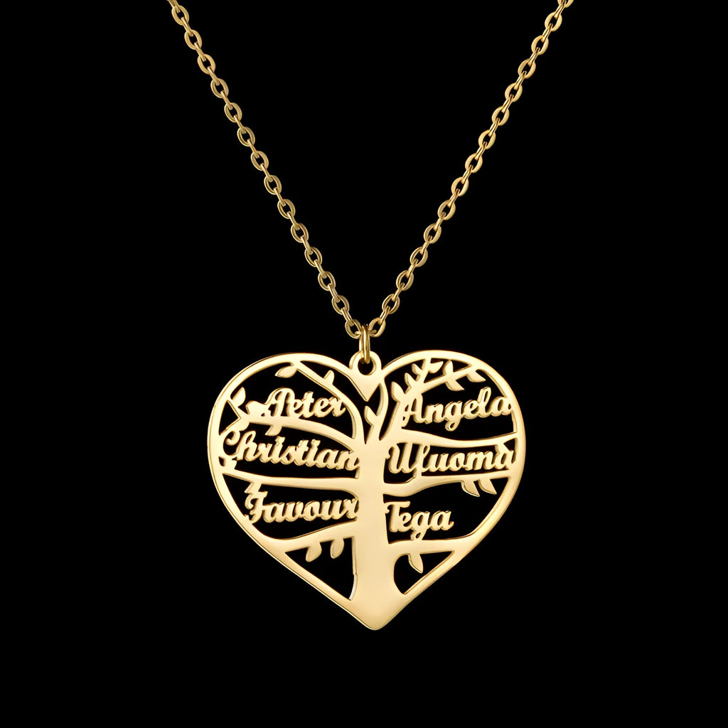Custom silver necklace with hollow heart and life tree pendant engraved with names on a 50cm chain.