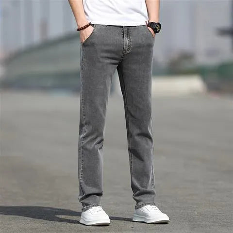 Men's smoky grey rabbit fur jeans with straight cut and low waist design