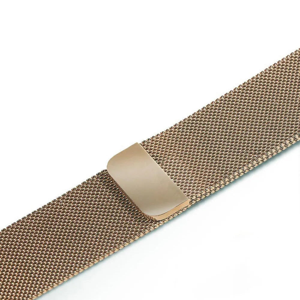 Stainless steel watch strap showing silver, black, gold, and rose gold colour options