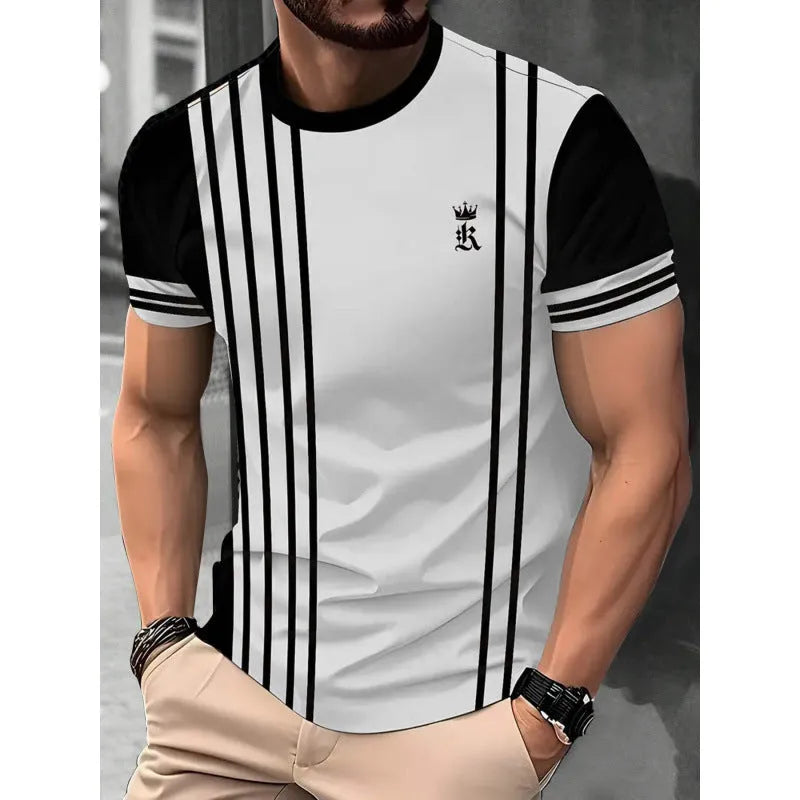 Man wearing a loose-fit short-sleeved T-shirt with a digital 3D printed stripe pattern in a casual setting.