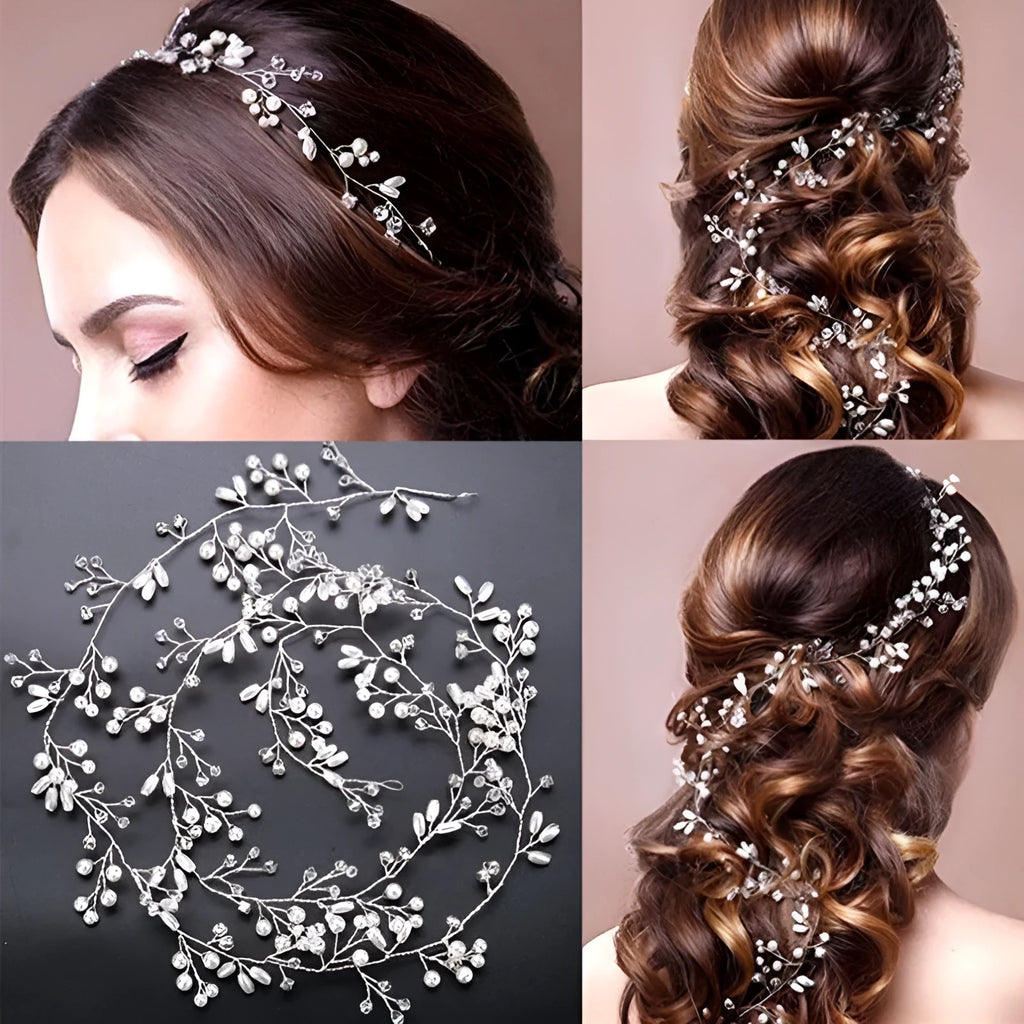 Wedding hair band with crystal and pearl decorative elements in gold, silver and rose gold colour options