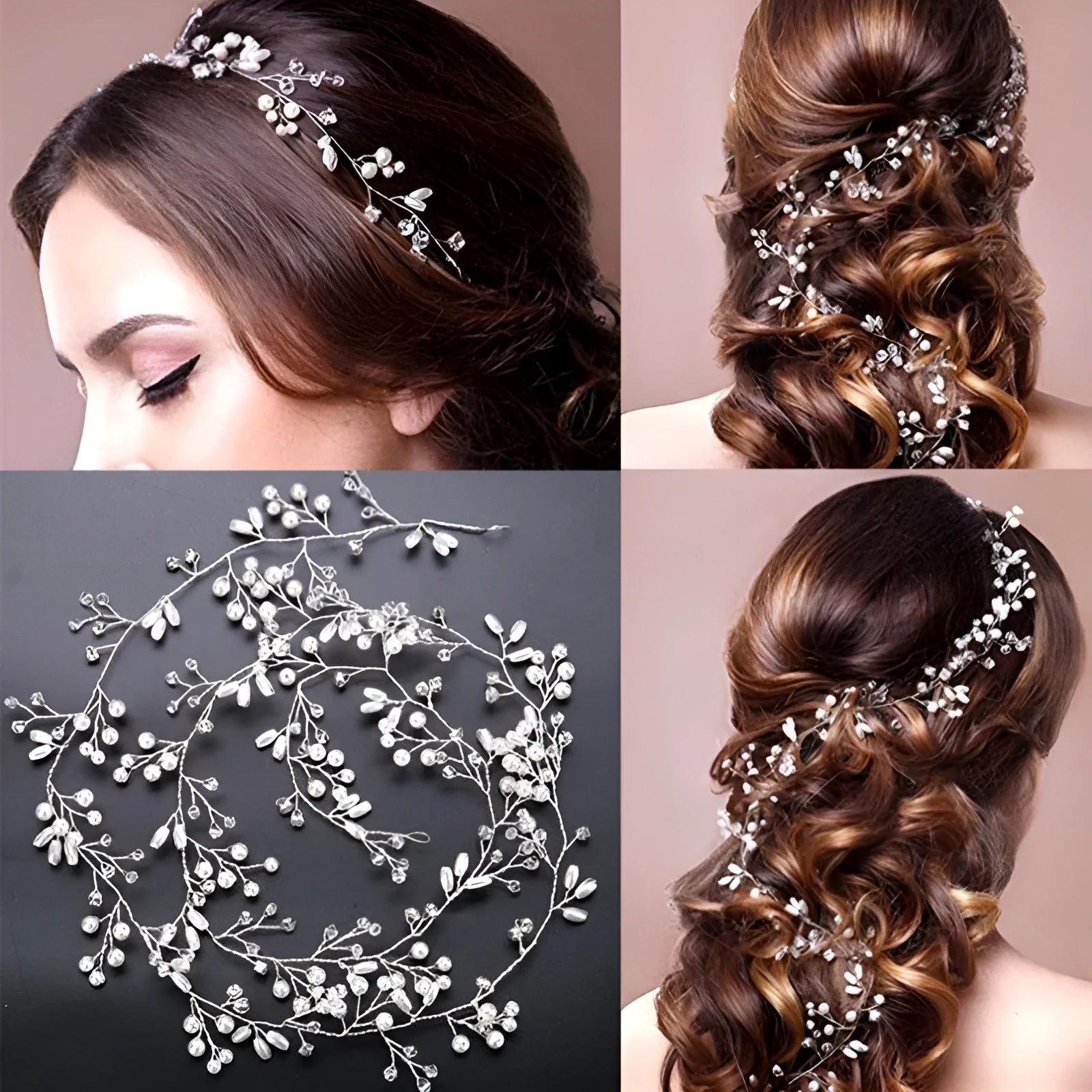 Wedding hair band with crystal and pearl decorative elements in gold, silver and rose gold colour options