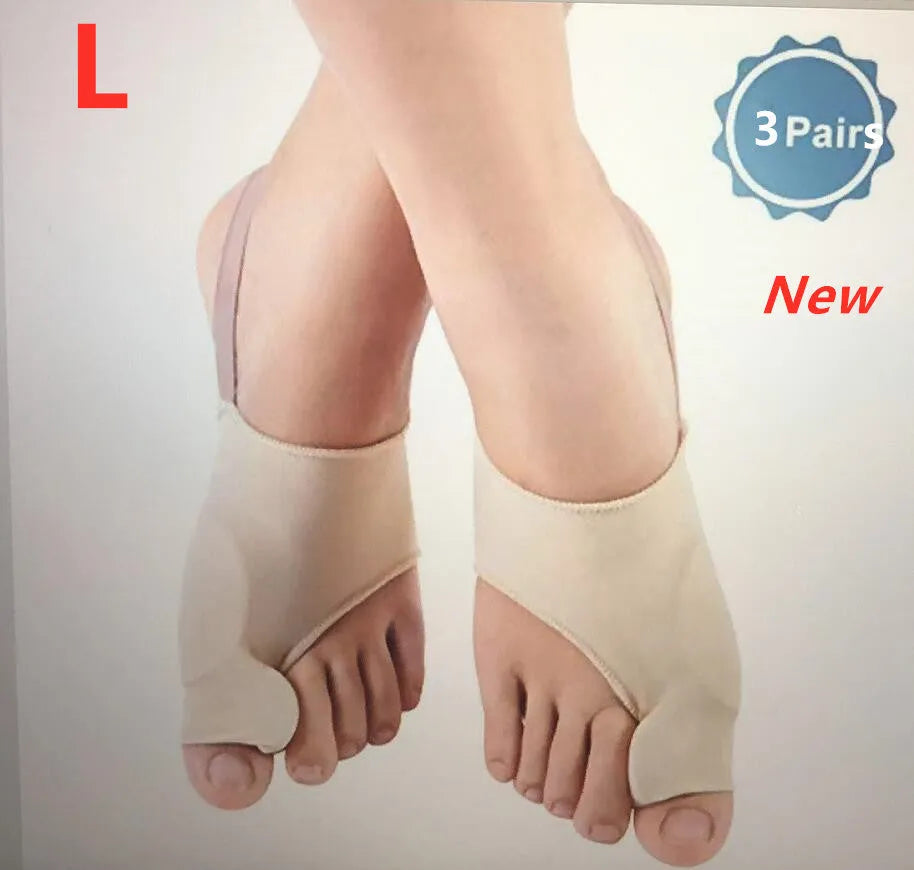 Corrective toe socks with silicone gel bunion pad and toe separator on a foot.