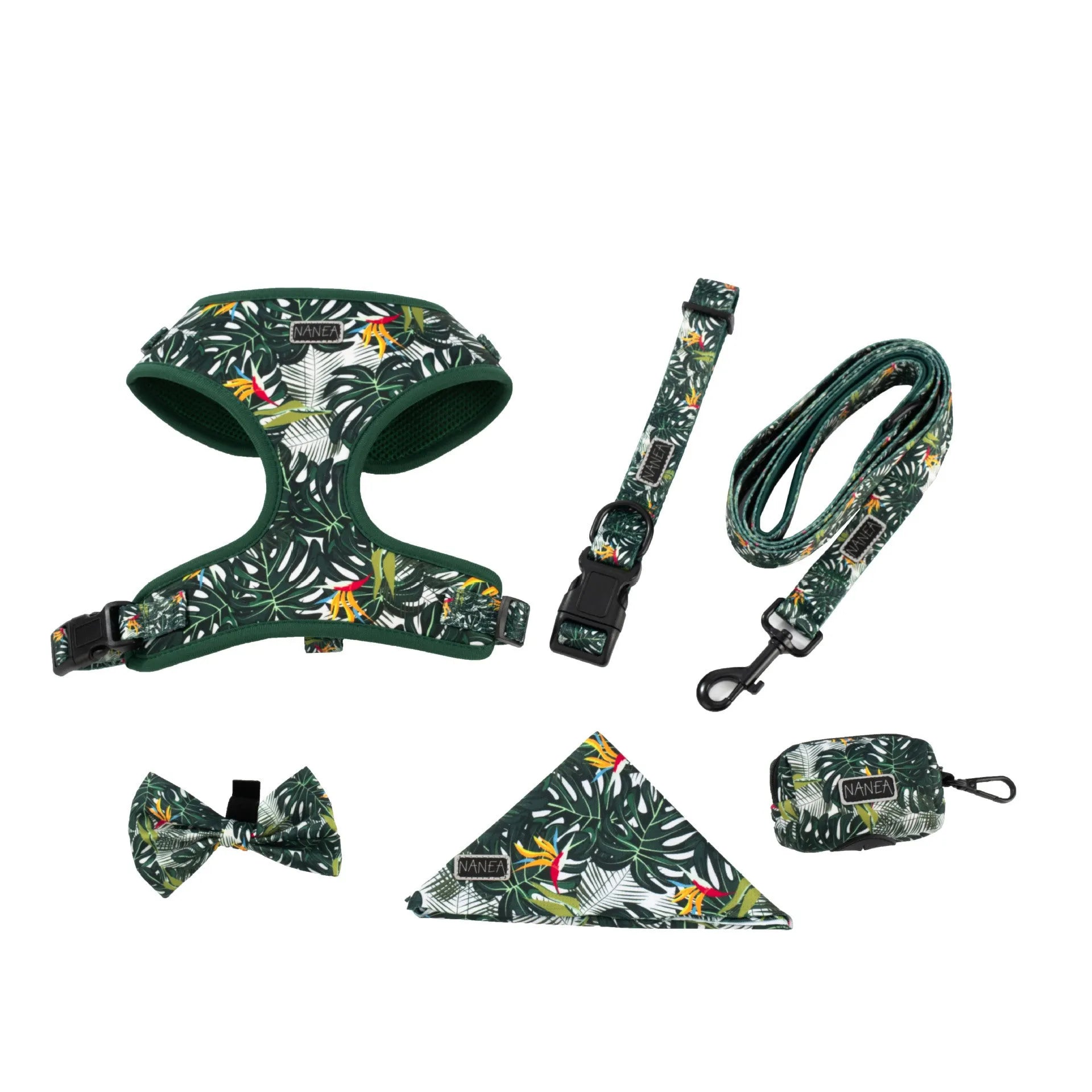 Six-piece adjustable cloth dog harness set with lead, collar, waste bag, bow tie, and scarf.