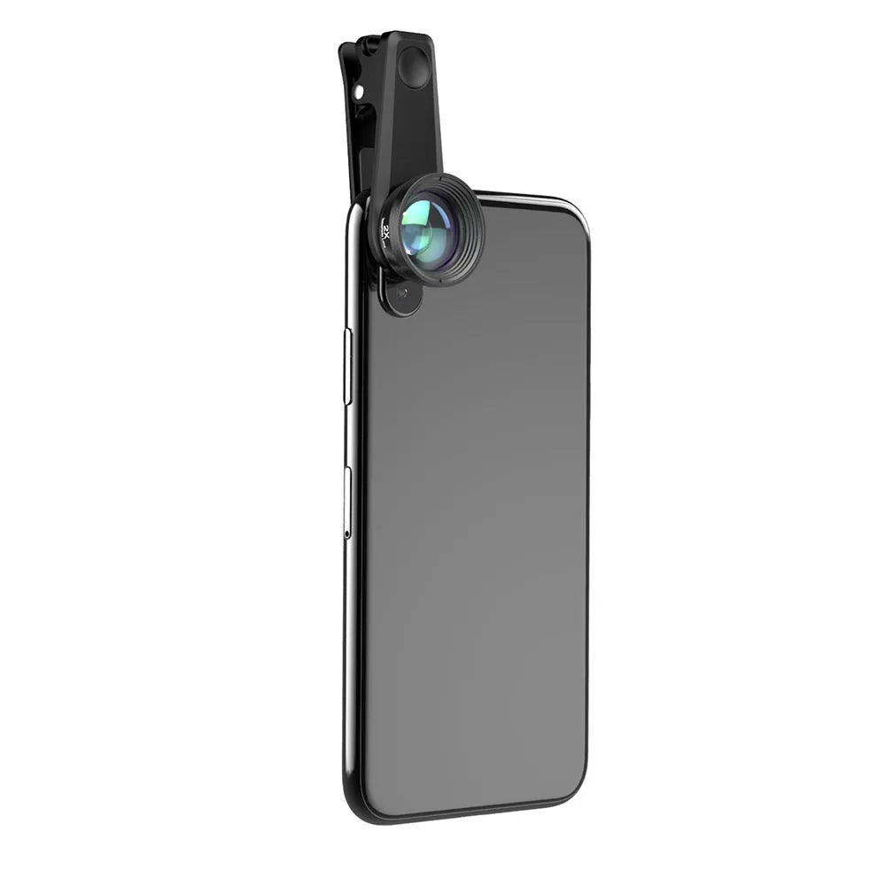 Black 6-in-1 smartphone camera lens kit with fisheye, macro, wide-angle, telephoto, CPL, and star filter lenses and a universal clip.
