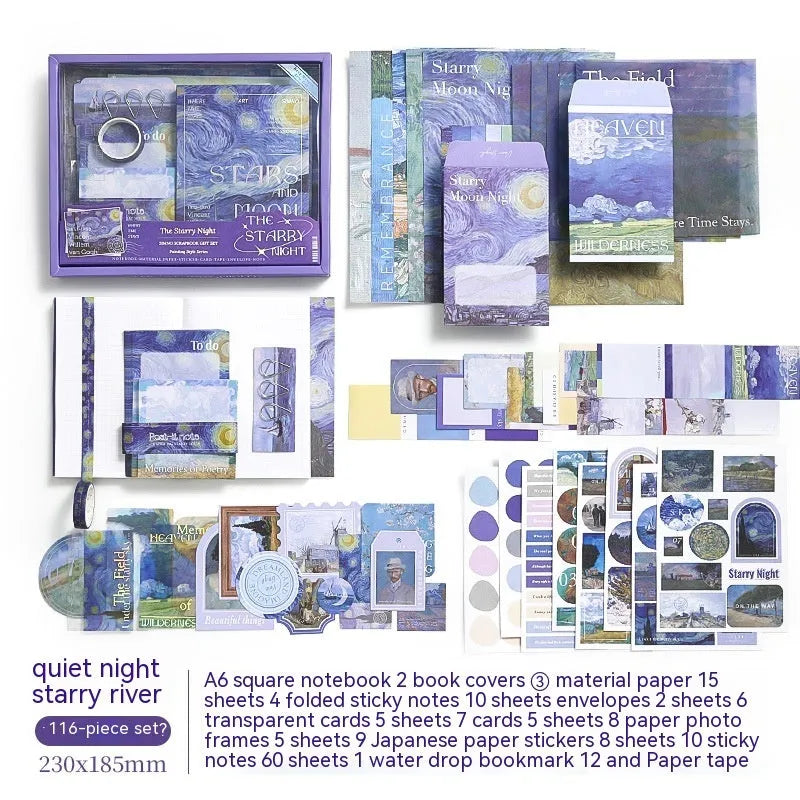 A6 grid notebook journal gift box with artistic plaid design including cards, photo frames, stickers, and paper accessories