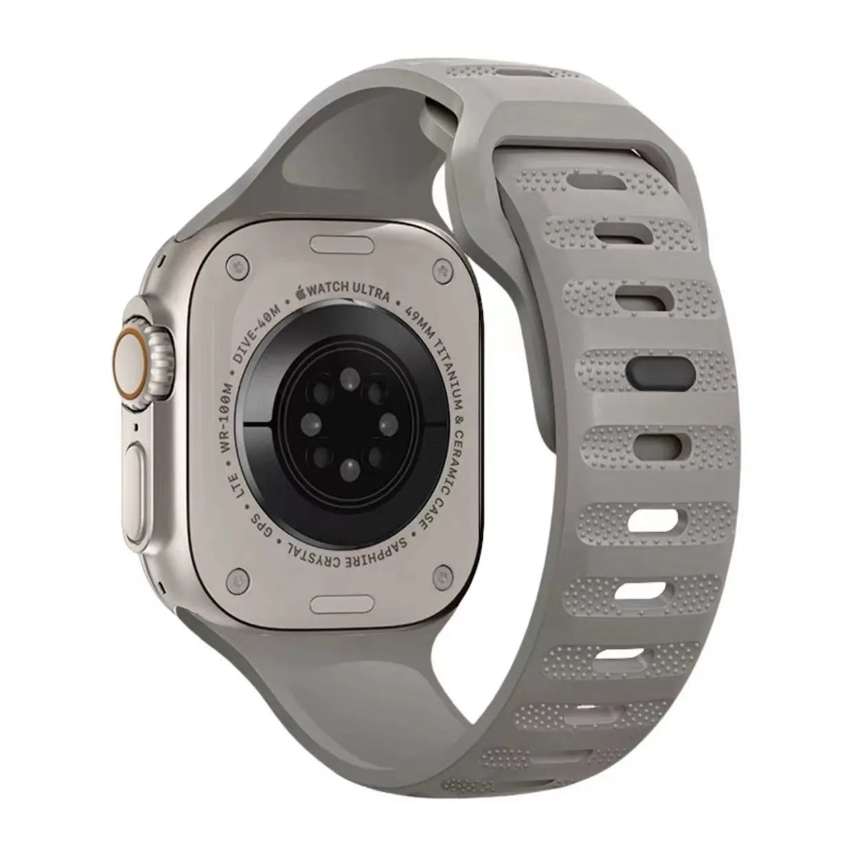 Fluoro rubber Apple Watch band with T-buckle in multiple colours on a grey background