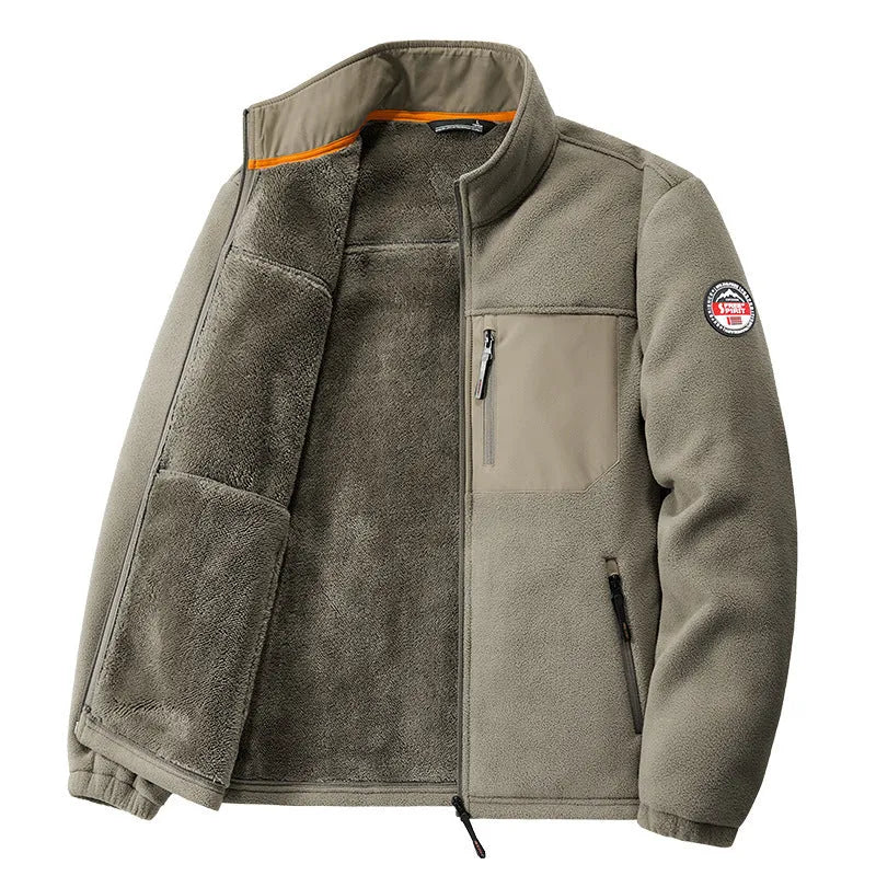 Men's grey fleece cardigan casual jacket with zipper pockets on a hanger.