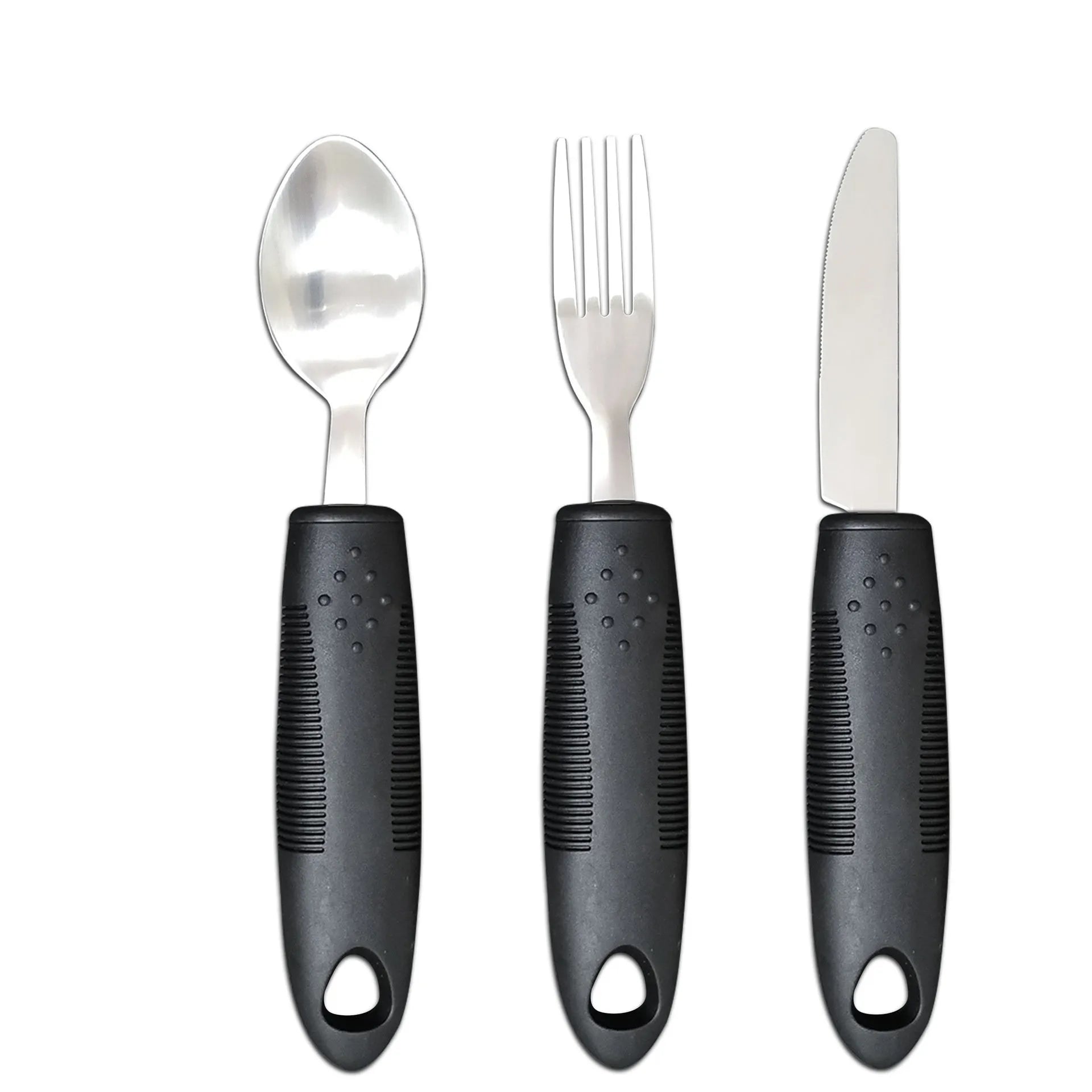 Stainless steel adaptive spoon with black rubber anti-shake handle for elderly food aid.