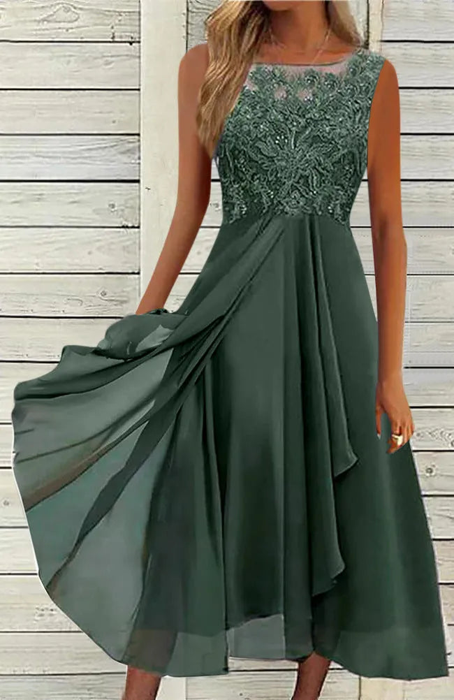 Women's sleeveless chiffon dress with lace hollow-out stitching, midi length, shown in blue.
