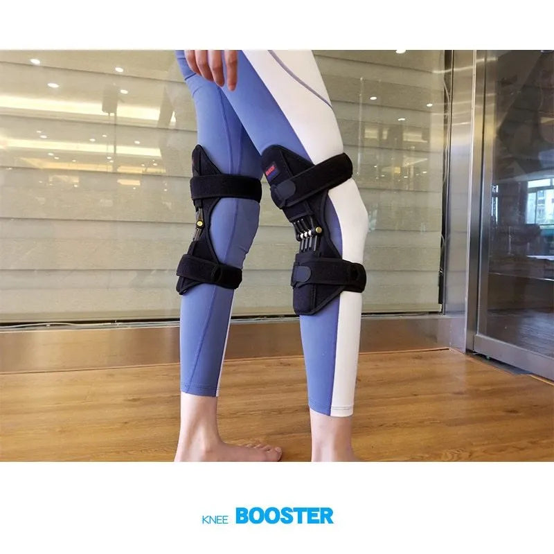 Adjustable spring knee brace support for patella, shown in black colour.