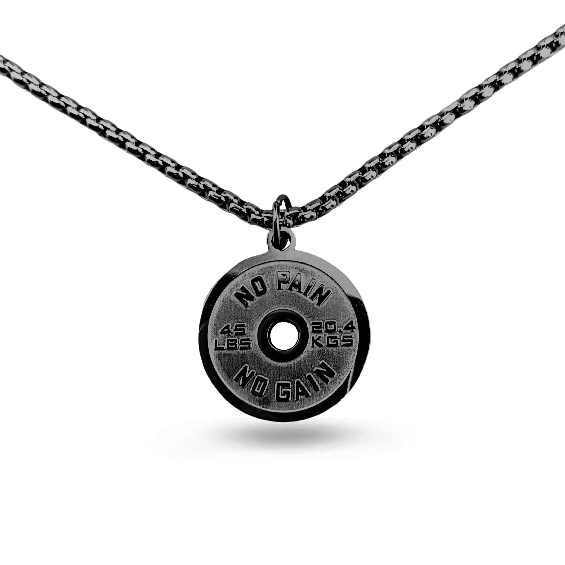 Stainless steel barbell disk necklace with geometric pendant on 60cm chain