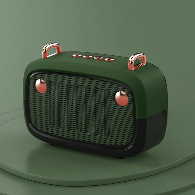 Portable mini Bluetooth speaker with USB port showing colour options: black, blue, green, grey, orange
