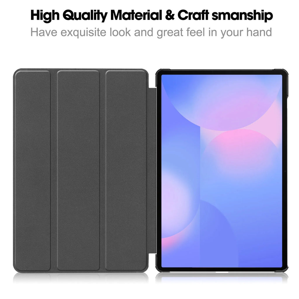 Samsung Tab S10 FE Plus 13.1 inch hard case in tri-fold stand mode showing silk screen design and microfibre lining
