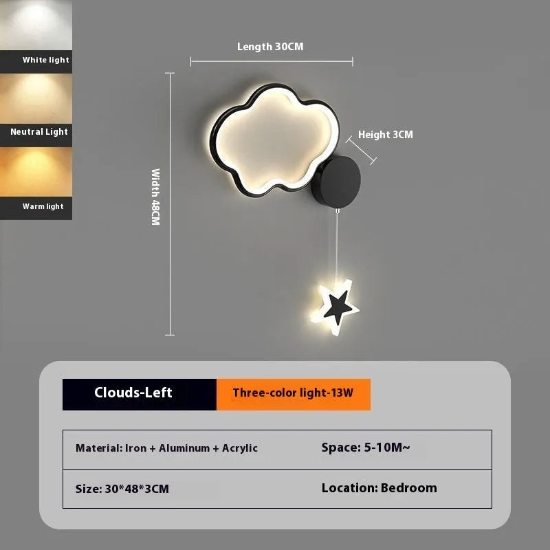 Children's bedside wall lamp with cloud and star design in black finish showing three-colour LED illumination