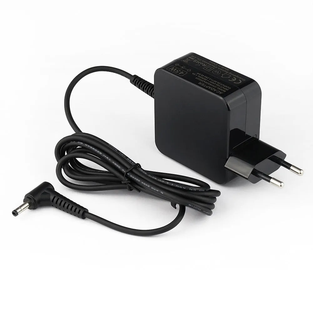 Black 45W laptop adapter with American DC connector showing compact dimensions