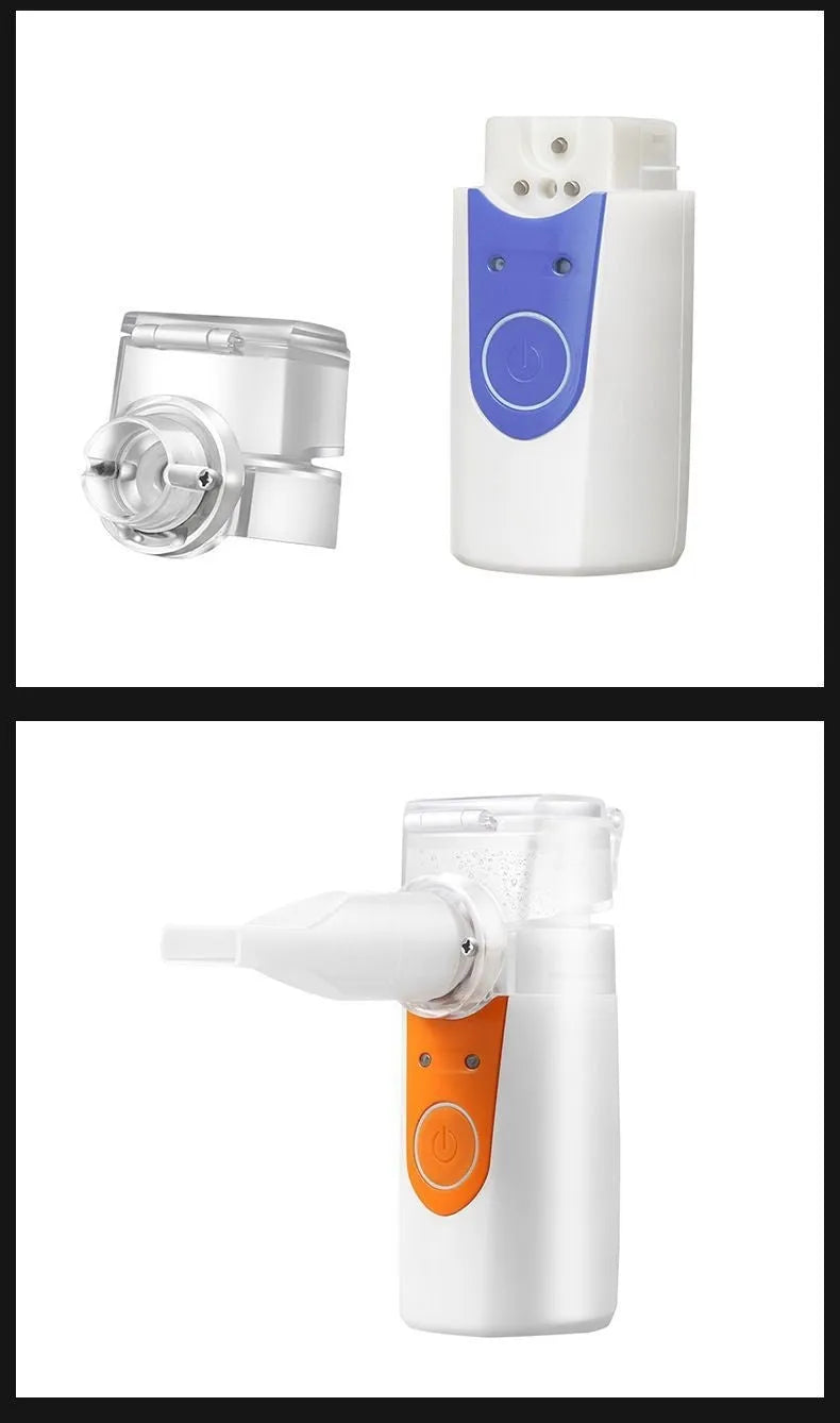 A columnar-shaped plastic handheld USB nebuliser for quiet drug atomisation at home.