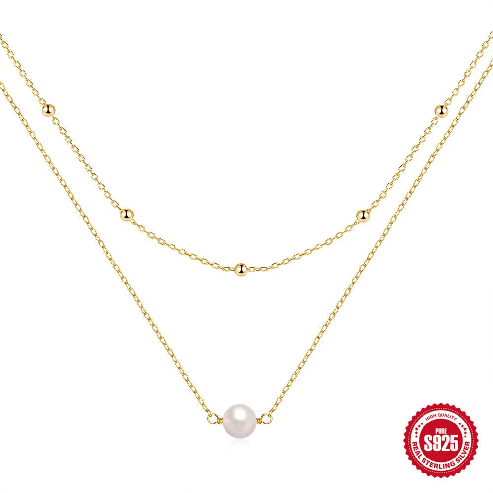 S925 sterling silver double layer twin pearl necklace with geometric pendant on ball bead chain