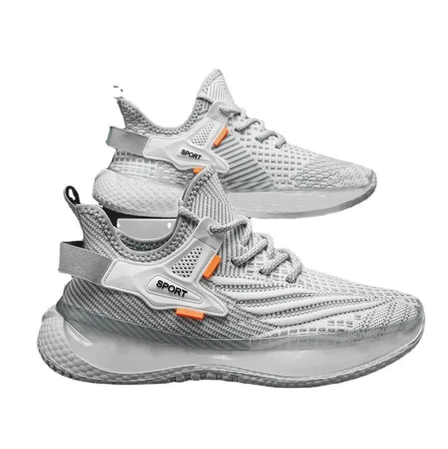 Men's white fly woven mesh platform sneaker with lace-up front and flat rubber sole