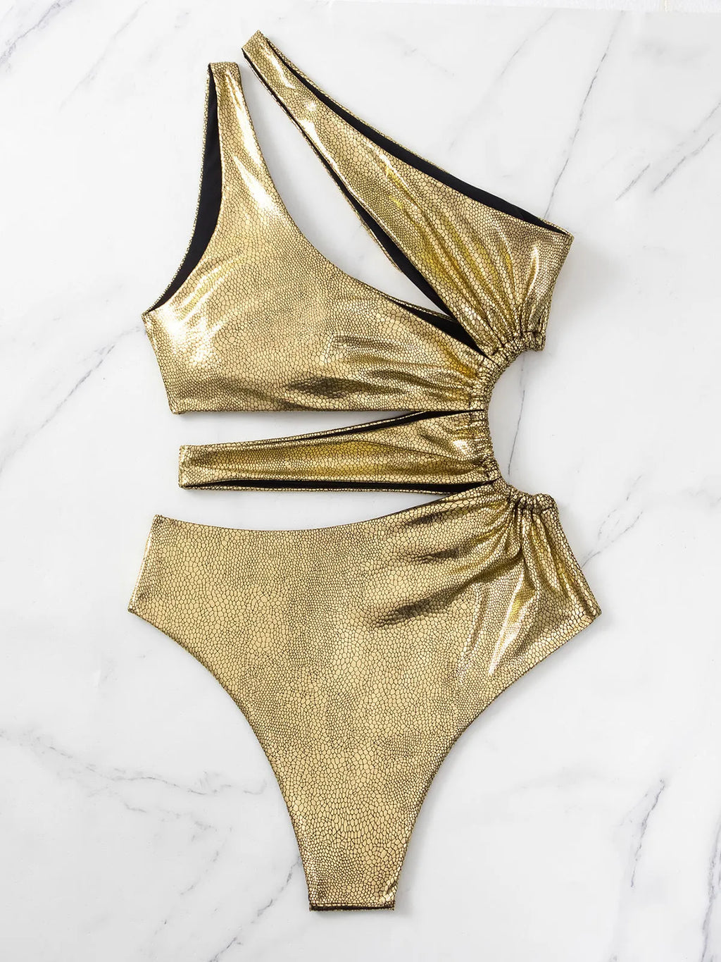 Women's gold backless one-piece swimsuit on hanger showing sleeveless design and solid colour